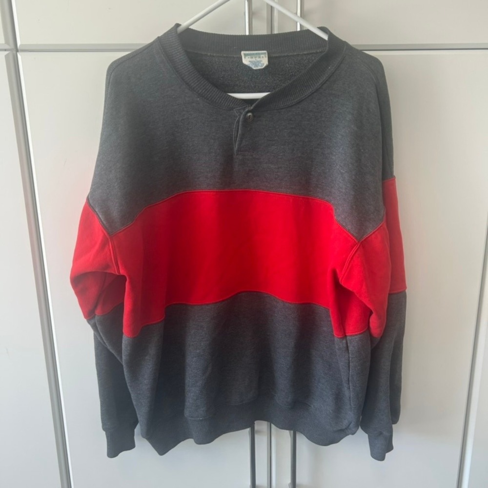 Vintage Cheetah Henley Sweatshirt Mens Large Grey Red Colorblock Fleece Pullover